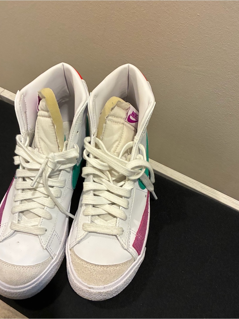 Nike Women's White High-Top Sneakers with Teal, Pink & Yellow Accents